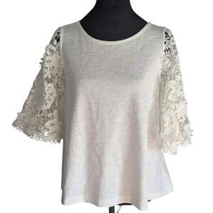 Anthropologie Eri + Ali White Lace Bell Sleeve Knit Top Sz Large